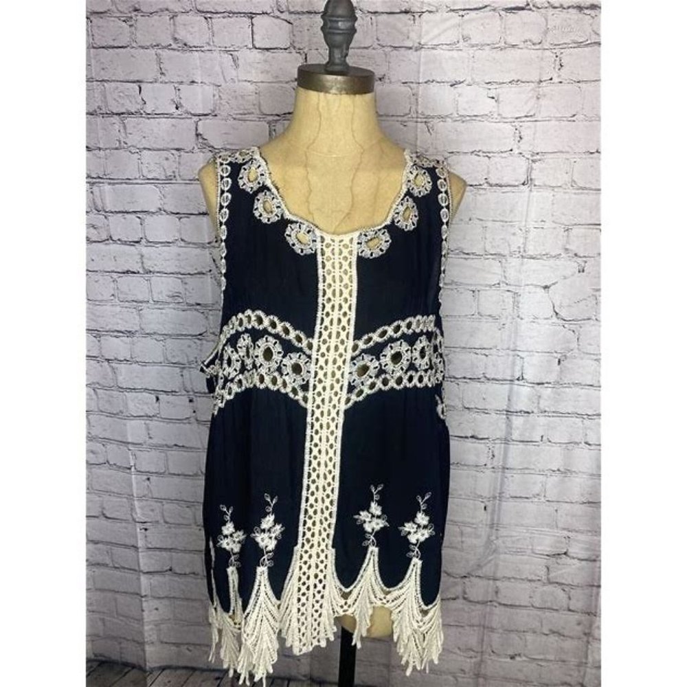 Highness Top L/XL Black Crochet Boho Festival Sleeveless Tank